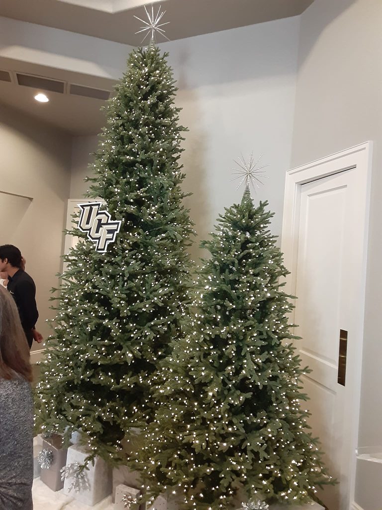 Two decorated Christmas trees with white lights, a "UCF" logo on the larger tree, and wrapped gifts at the base, placed in an indoor setting.