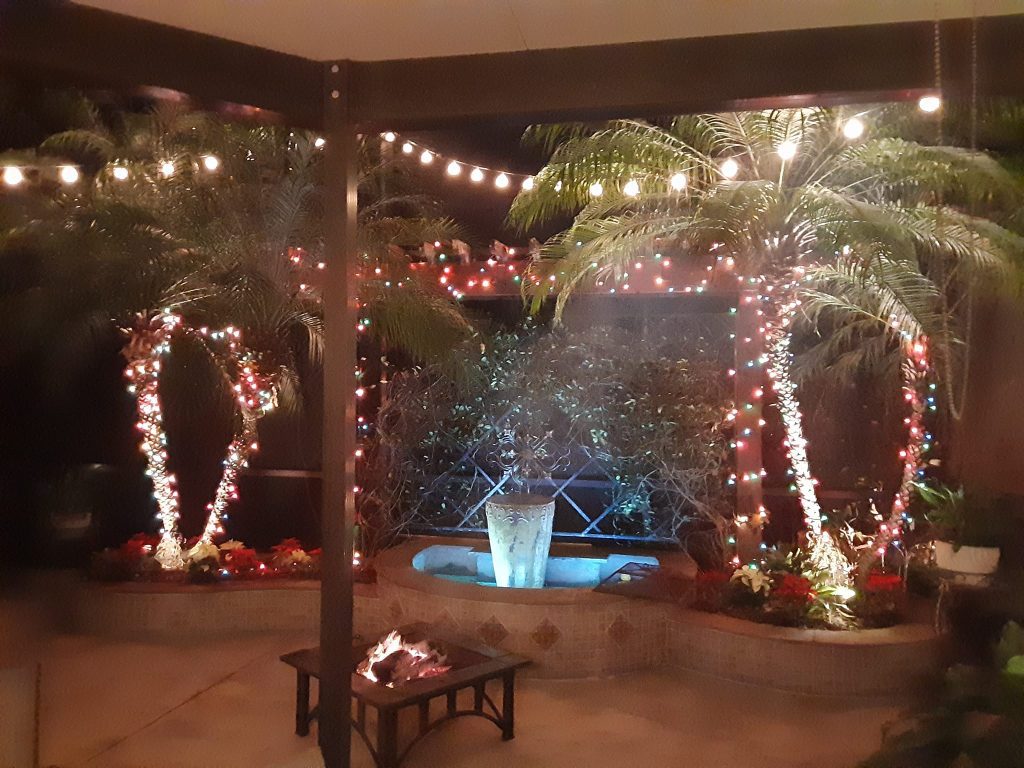 A patio at night with palm trees decorated with string lights, a fire pit, and a small fountain surrounded by plants.