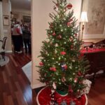 A decorated Christmas tree with lights and ornaments stands in a living room; people are gathered in the background near a dining area.