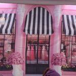 Pink storefront backdrop with black and white striped awnings, large windows displaying dresses, and pink flower arrangements in white pots on either side of the door.
