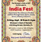 Flyer for India Fest at the Woman’s Club of Oviedo, Sept 18, 2–4 pm, featuring Indian culture; RSVP by Sept 8, $25–$26.41, catered by Tabla Indian Restaurant.