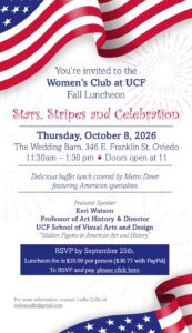 Invitation to UCF Women’s Club Fall Luncheon on October 8, 2026, at The Wedding Barn, featuring speaker Keri Watson. Buffet lunch; RSVP by September 25th.