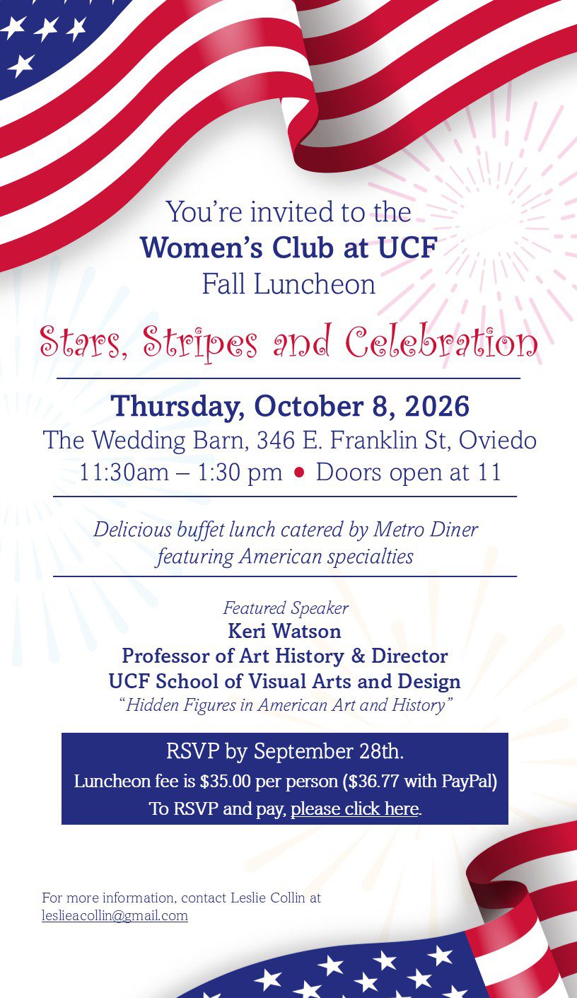 Invitation for Women’s Club at UCF Fall Luncheon on October 8, 2026, with event details, RSVP info, and an American flag border.